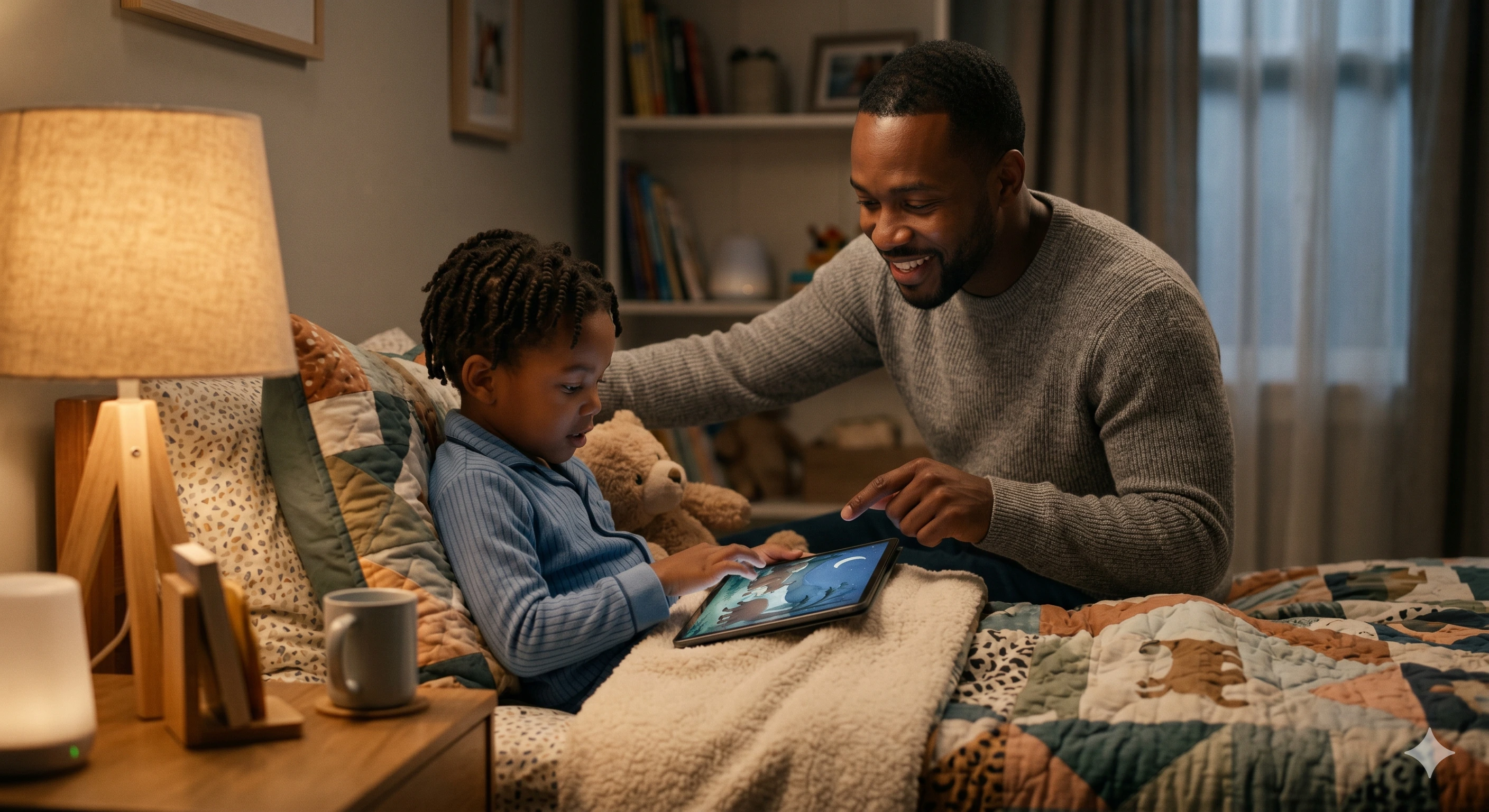 A father and son reading a storybook together at bedtime